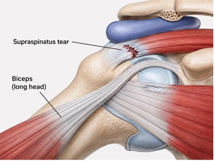Front view drawing of the shoulder: the supraspinatus tendon with a tear at its attachment to the upper arm, and the long head of the biceps next to it.