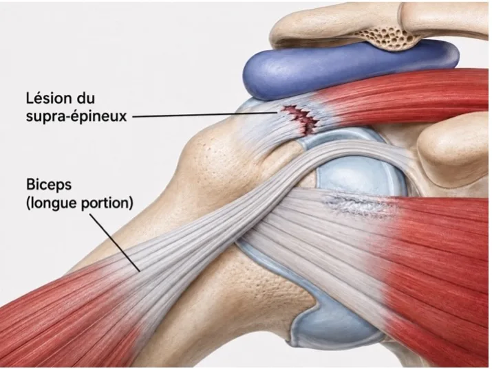 Dessin de l'épaule de face : le tendon du supra-épineux déchiré à son insertion sur le bras, et le long biceps à côté.